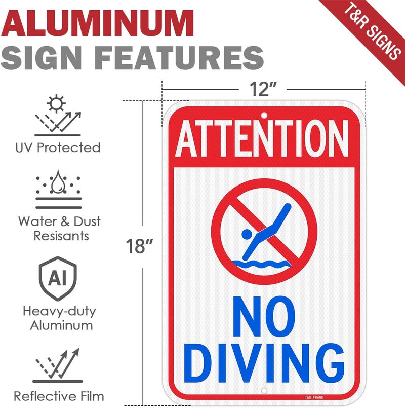 TR (2 Pack) Large Attention No Diving Signs, 18" x 12" Engineer Grade Reflective Sheeting, Rust Free Aluminum, Weather Resistant, Waterproof, Fade Resistant, 2 Pre-drilled Holes - Image 2